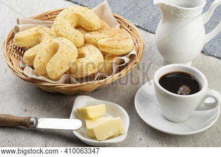 Chipas, Typical South American Cheese Bun In A Basket With Butter And Coffee.