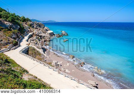 Beautiful Mediterranean Landscape Of The Coast Of Ixia, Rhodes Island, Greece