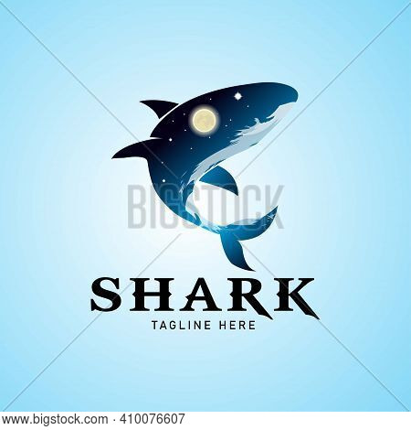 Shark Logo With Under Water Background With Moon Rays. Deep Ocean. Vector Illustration
