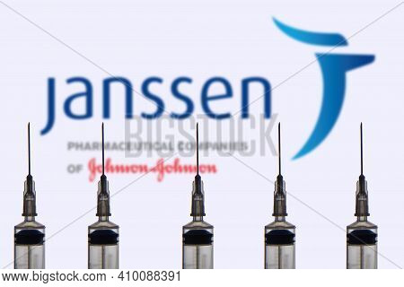 Kathmandu, Nepal - February 26 2021: Janssen Pharmaceutical Companies Logo Against Syringe Or Inject
