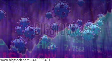 Digital illustration of macro Covid-19 cells floating, stock market statistics over a 3D human body model wearing a face mask. Coronavirus Covid-19 pandemic concept digitally generated