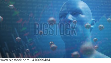 Digital illustration of macro Covid-19 cells floating, stock market statistics over a 3D human body model wearing a face mask. Coronavirus Covid-19 pandemic concept digitally generated