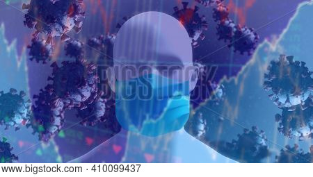 Digital illustration of macro Covid-19 cells floating, stock market statistics over a 3D human body model wearing a face mask. Coronavirus Covid-19 pandemic concept digitally generated