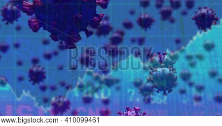 Digital illustration of macro Covid-19 cells floating, stock market statistics over a 3D human body model wearing a face mask. Coronavirus Covid-19 pandemic concept digitally generated