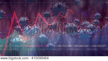 Digital illustration of macro Covid-19 cells floating, stock market statistics over a 3D human body model wearing a face mask. Coronavirus Covid-19 pandemic concept digitally generated