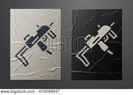 White Mp9 Submachine Gun Icon Isolated On Crumpled Paper Background. Automatic Weapon. Paper Art Sty