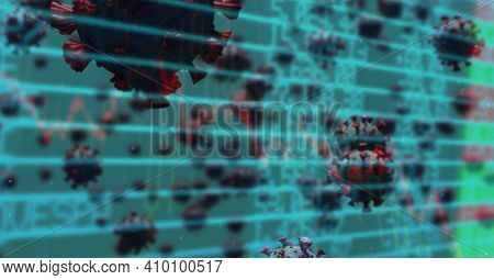 Digital illustration of macro Covid-19 cells floating, stock market statistics over a 3D human body model wearing a face mask. Coronavirus Covid-19 pandemic concept digitally generated