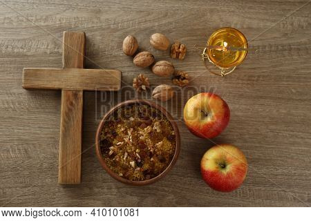 Cross And Fasting Meals On Wooden Table, Flat Lay. Lent Season