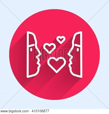 White Line Love At First Sight Icon Isolated With Long Shadow. Red Circle Button. Vector