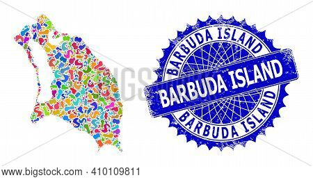 Barbuda Island Map Template. Splash Collage And Rubber Stamp For Barbuda Island Map. Sharp Rosette B