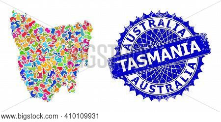 Tasmania Island Map Vector Image. Blot Mosaic And Corroded Stamp Seal For Tasmania Island Map. Sharp