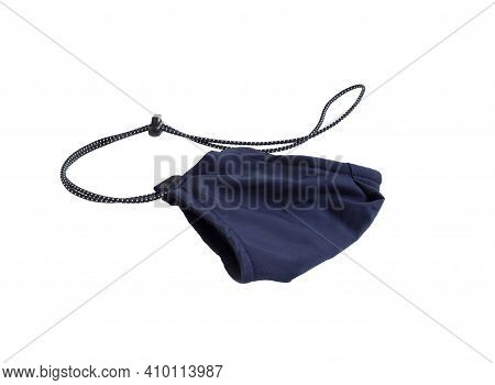 Reusable Dark Blue Fabric Face Mask With Adjustable Ear Loop And Neck Isolated On A White Background