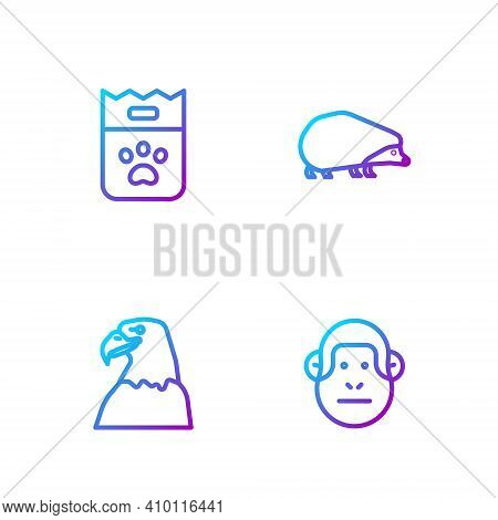 Set Line Monkey, Eagle Head, Bag Of Food And Hedgehog. Gradient Color Icons. Vector