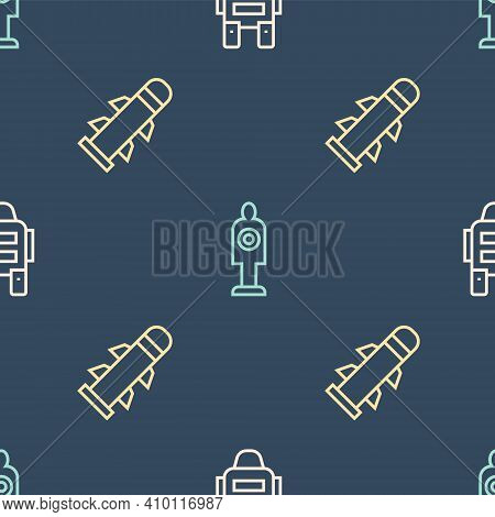 Set Line Bulletproof Vest, Rocket And Human Target Sport For Shooting On Seamless Pattern. Vector