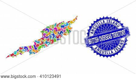 Anguilla Island Map Vector Image. Spot Mosaic And Corroded Stamp Seal For Anguilla Island Map. Sharp