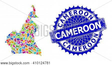 Cameroon Map Vector Image. Blot Mosaic And Distress Stamp Seal For Cameroon Map. Sharp Rosette Blue 