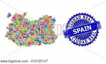 Ciudad Real Province Map Abstraction. Blot Pattern And Unclean Stamp For Ciudad Real Province Map. S
