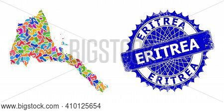 Eritrea Map Vector Image. Blot Collage And Grunge Stamp Seal For Eritrea Map. Sharp Rosette Blue Sea