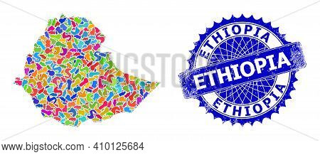 Ethiopia Map Flat Illustration. Splash Pattern And Distress Badge For Ethiopia Map. Sharp Rosette Bl
