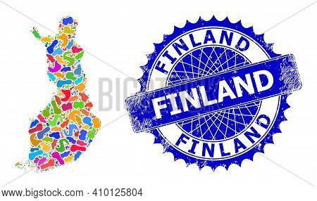 Finland Map Template. Splash Mosaic And Distress Stamp For Finland Map. Sharp Rosette Blue Stamp Wit