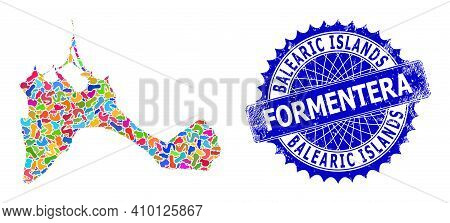 Formentera Island Map Template. Splash Mosaic And Scratched Stamp For Formentera Island Map. Sharp R