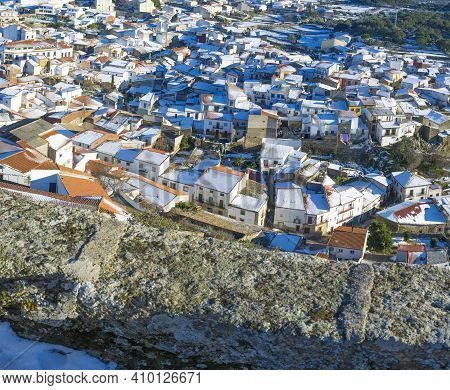 Snow-covered Montanchez Town Overview. Caceres, Extremadura, Spain