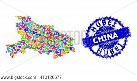 Hubei Province Map Vector Image. Spot Mosaic And Unclean Badge For Hubei Province Map. Sharp Rosette