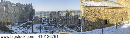 Snow-covered Montanchez Fortress. Roman Origin Castle, Rebuilt By Almohads And Used By Order De Sant
