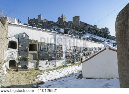 Montanchez, Spain - Jan 11th, 2021: Snow-covered Montanchez Cemetery. Awarded With The Prize For Spa
