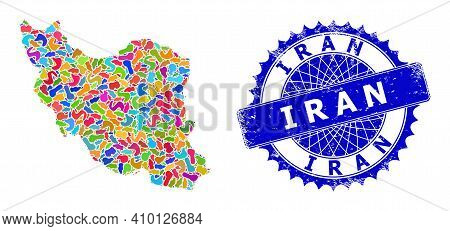 Iran Map Template. Splash Collage And Scratched Watermark For Iran Map. Sharp Rosette Blue Badge Wit