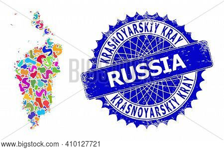 Krasnoyarskiy Kray Map Vector Image. Splash Collage And Scratched Stamp For Krasnoyarskiy Kray Map. 