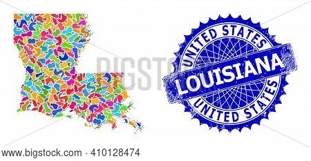 Louisiana State Map Vector Image. Spot Collage And Rubber Seal For Louisiana State Map. Sharp Rosett