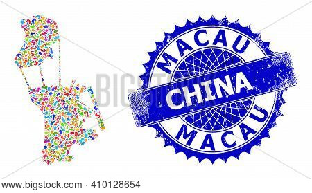 Macau Map Vector Image. Spot Pattern And Grunge Mark For Macau Map. Sharp Rosette Blue Mark With Cap