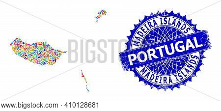 Madeira Islands Map Flat Illustration. Spot Collage And Unclean Seal For Madeira Islands Map. Sharp 