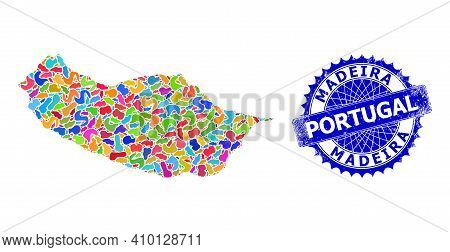 Madeira Map Flat Illustration. Splash Collage And Distress Stamp Seal For Madeira Map. Sharp Rosette