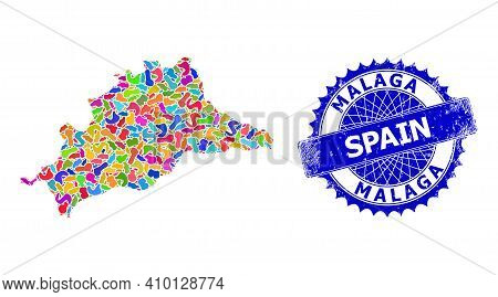 Malaga Province Map Flat Illustration. Blot Collage And Unclean Seal For Malaga Province Map. Sharp 