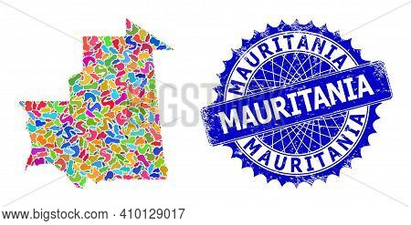 Mauritania Map Flat Illustration. Blot Mosaic And Corroded Seal For Mauritania Map. Sharp Rosette Bl