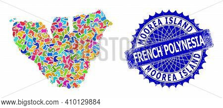 Moorea Island Map Flat Illustration. Spot Collage And Scratched Stamp Seal For Moorea Island Map. Sh