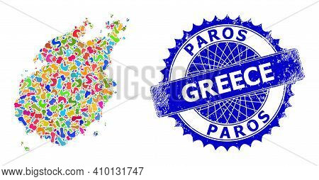 Paros Island Map Vector Image. Spot Pattern And Rubber Stamp For Paros Island Map. Sharp Rosette Blu