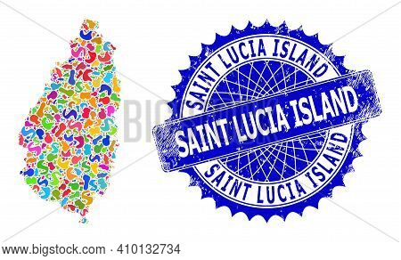 Saint Lucia Island Map Abstraction. Blot Mosaic And Rubber Seal For Saint Lucia Island Map. Sharp Ro