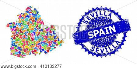Sevilla Province Map Flat Illustration. Blot Collage And Rubber Watermark For Sevilla Province Map. 