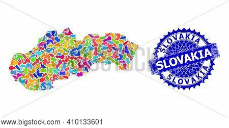 Slovakia Map Flat Illustration. Blot Mosaic And Rubber Mark For Slovakia Map. Sharp Rosette Blue Mar