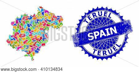 Teruel Province Map Vector Image. Blot Mosaic And Scratched Mark For Teruel Province Map. Sharp Rose