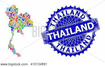 Thailand Map Abstraction. Spot Collage And Grunge Stamp Seal For Thailand Map. Sharp Rosette Blue St
