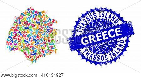 Thassos Island Map Vector Image. Blot Collage And Distress Stamp Seal For Thassos Island Map. Sharp 