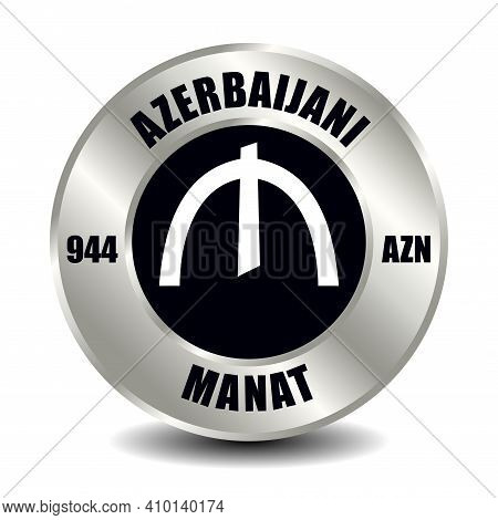 Azerbaijan Money Icon Isolated On Round Silver Coin. Vector Sign Of Currency Symbol With Internation