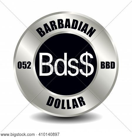 Barbados Money Icon Isolated On Round Silver Coin. Vector Sign Of Currency Symbol With International