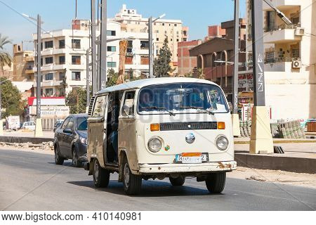 Cairo, Egypt - January 26, 2021: Fixed Route Taxi Volkswagen Kombi T2 In The City Street.