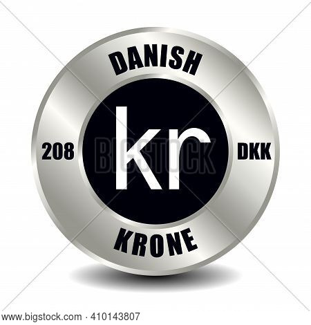 Denmark Money Icon Isolated On Round Silver Coin. Vector Sign Of Currency Symbol With International 