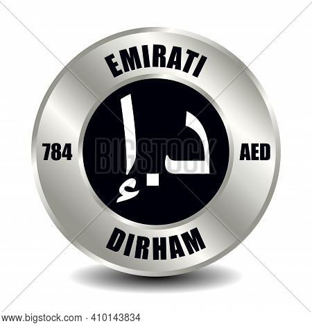 Uae, Emirates Money Icon Isolated On Round Silver Coin. Vector Sign Of Currency Symbol With Internat